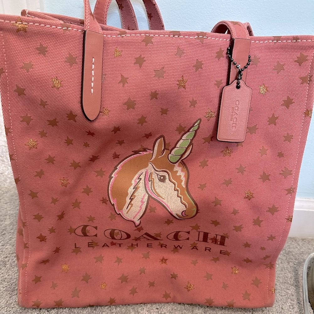 Pink unicorn coach tote